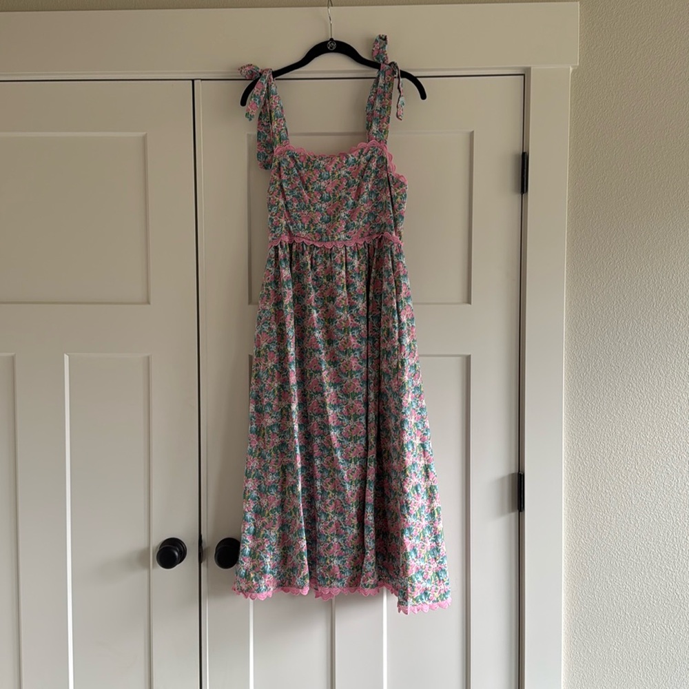 Green and Pink Floral Print Eyelet Dress